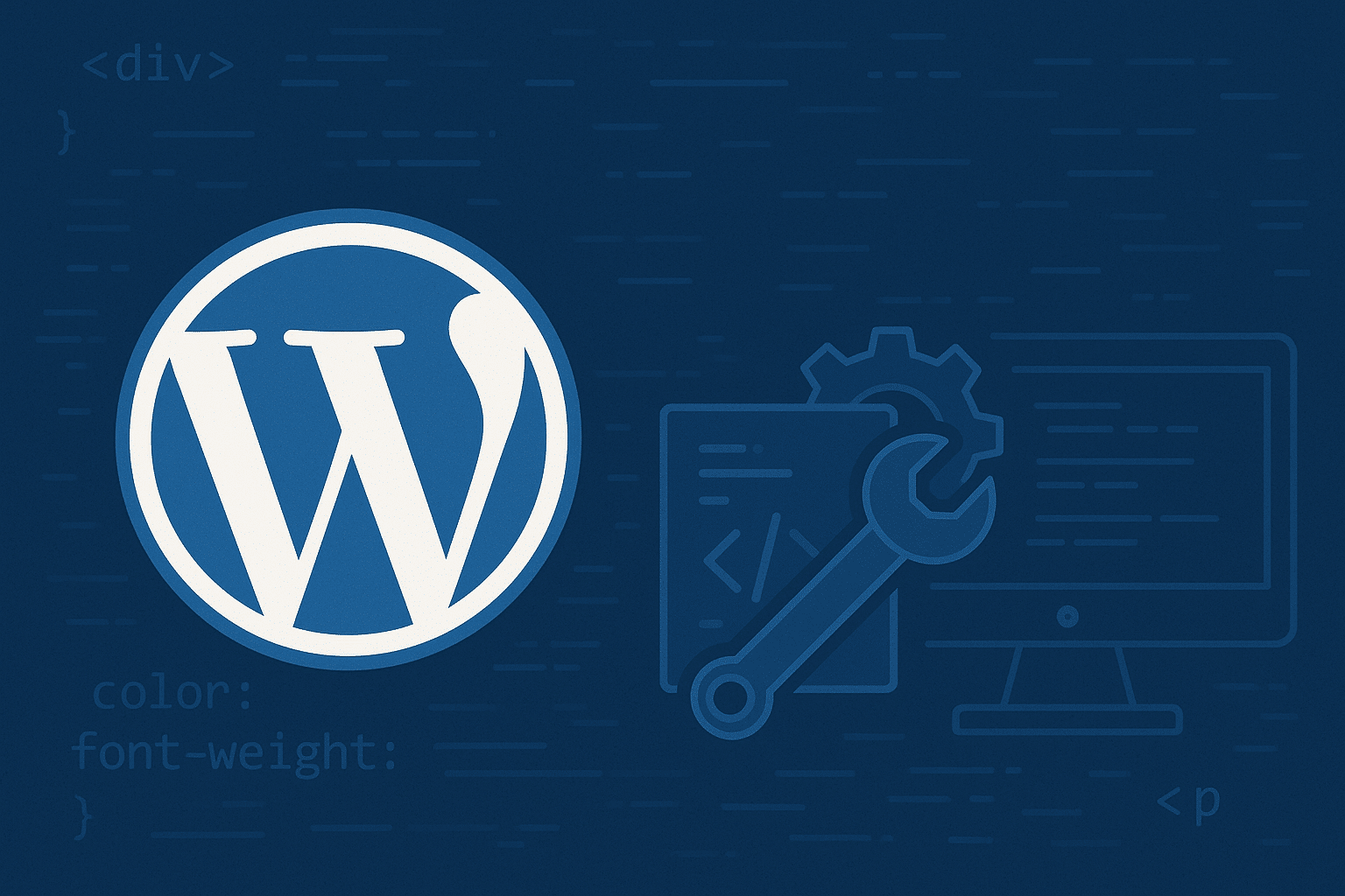 WordPress-Logo auf blauem Hintergrund mit Codierungssymbolen, einem Computermonitor, einem Dokument, einem Schraubenschlüssel und einem Zahnrad, die für Website-Entwicklung, Webdesign und verbesserte Website-Leistung stehen. solid creation
